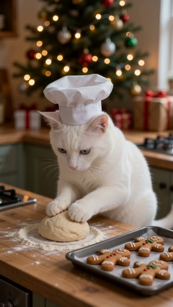 Mao, a white cat with blue eyes gently pressing cookie dough with natural front paws in a silent five-second video.
