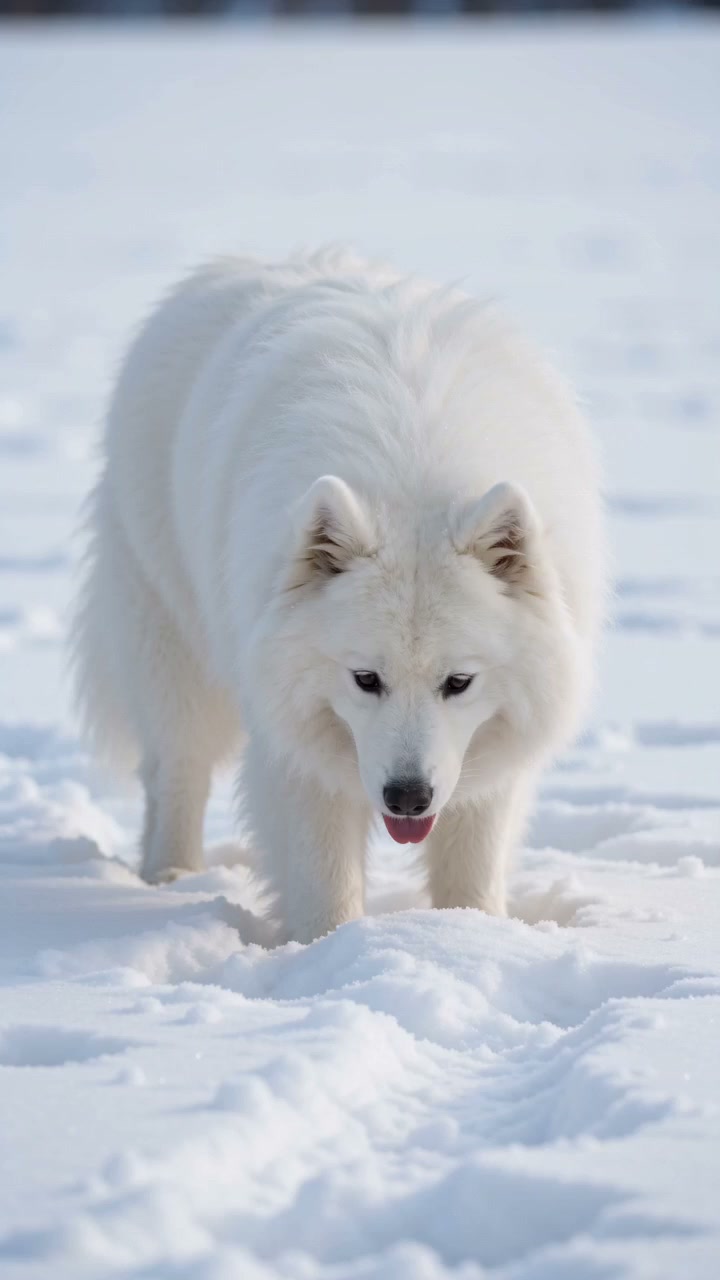 A fluffy white Samoyed sniffing the snow and making a small forward pounce in a silent five-second video.