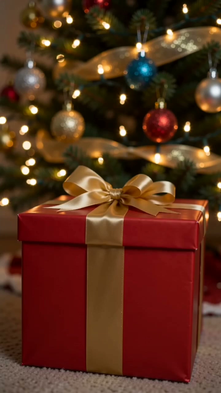 Mao, a white cat with blue eyes emerging from an opening Christmas gift box and looking toward the camera in a silent five-second video.