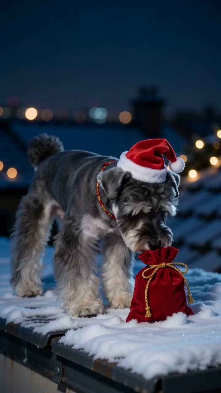 Zhima, a salt-and-pepper miniature schnauzer wearing a Santa hat, briefly lifting a gift sack with its mouth and front paw, then looking at the camera in a silent five-second video.