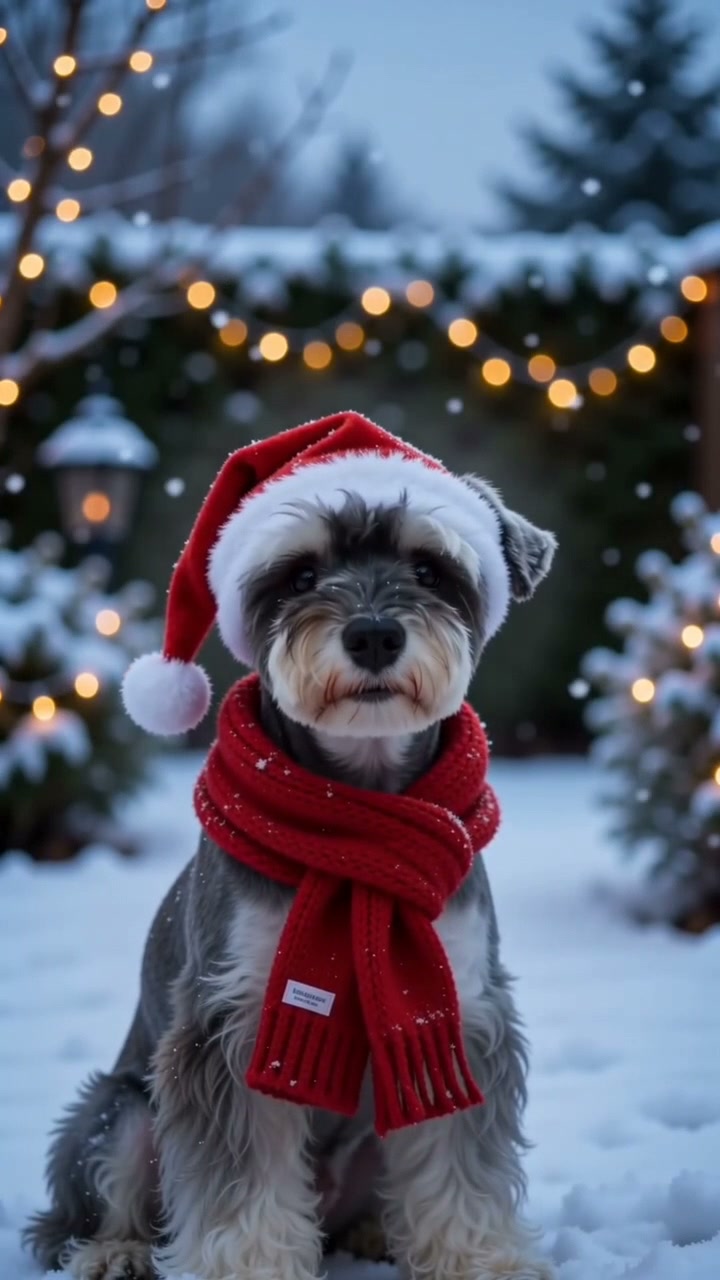 Zhima, a salt-and-pepper miniature schnauzer in a snowy garden at dusk as a red Santa hat and scarf appear, then looking at the camera in a silent five-second video.