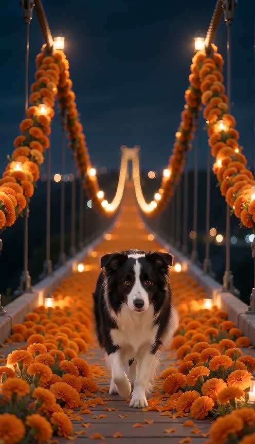 A black and white border collie walking toward the camera across a night bridge hung with orange marigold garlands and string lights, then looking up, in a silent eight-second video.