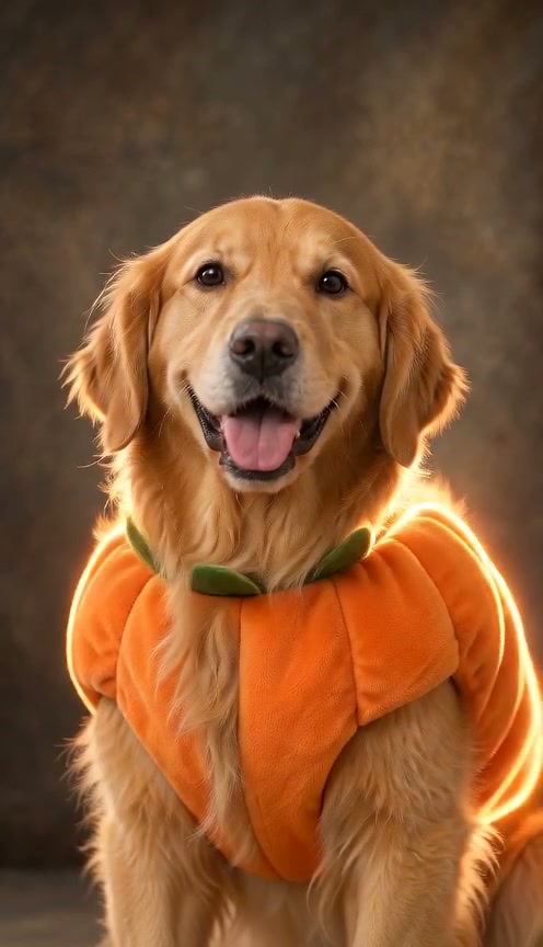 A golden retriever in a pumpkin costume reveal video
