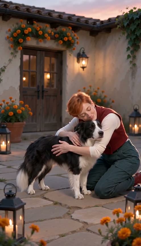 A woman kneeling in a stone courtyard with marigolds and candle lanterns at dusk as a black and white border collie walks up and she hugs it from the side, in a silent ten-second video.