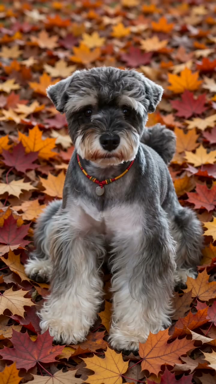 Zhima, a salt-and-pepper miniature schnauzer revealing a plush turkey costume in a silent five-second video.
