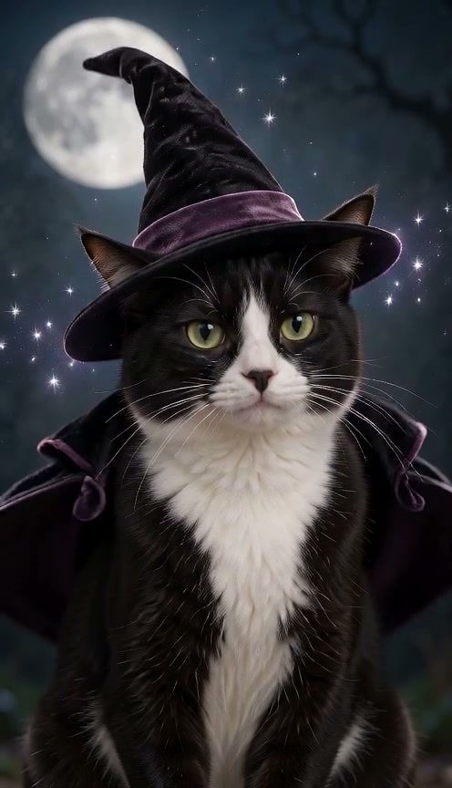 A cat in a witch costume reveal video