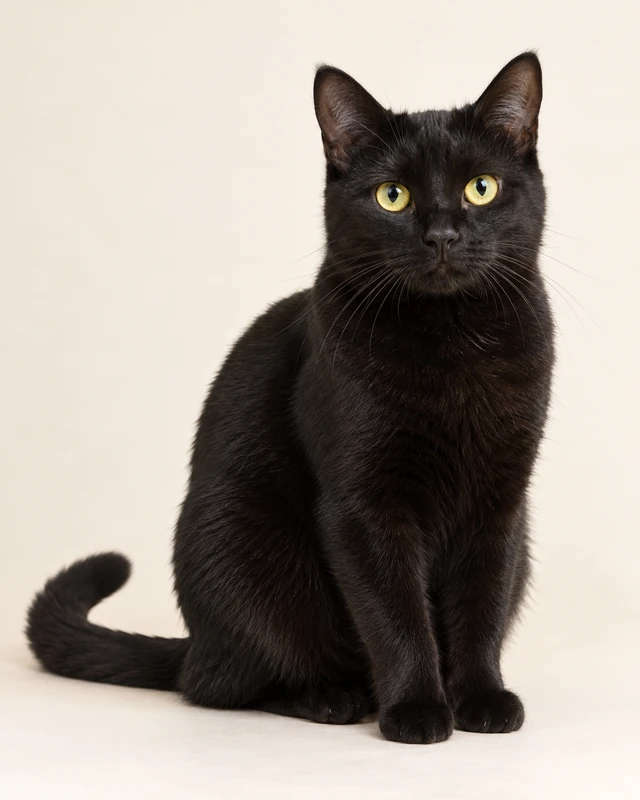 AI-generated original reference of a solid black cat with yellow-green eyes on a light background.