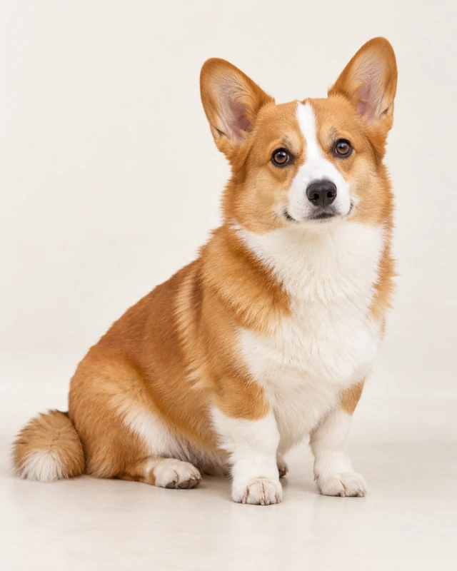 AI-generated original reference of a red-and-white corgi on a light background.