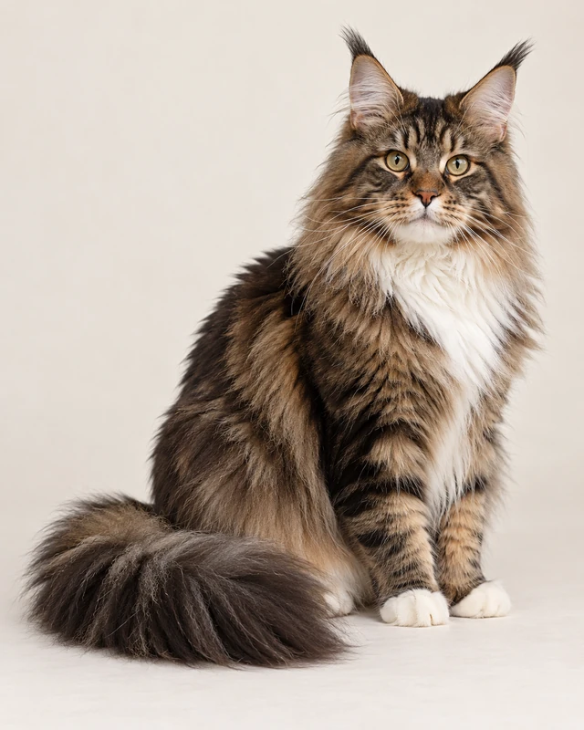 AI-generated original reference of a long-haired brown tabby Maine Coon on a light background.