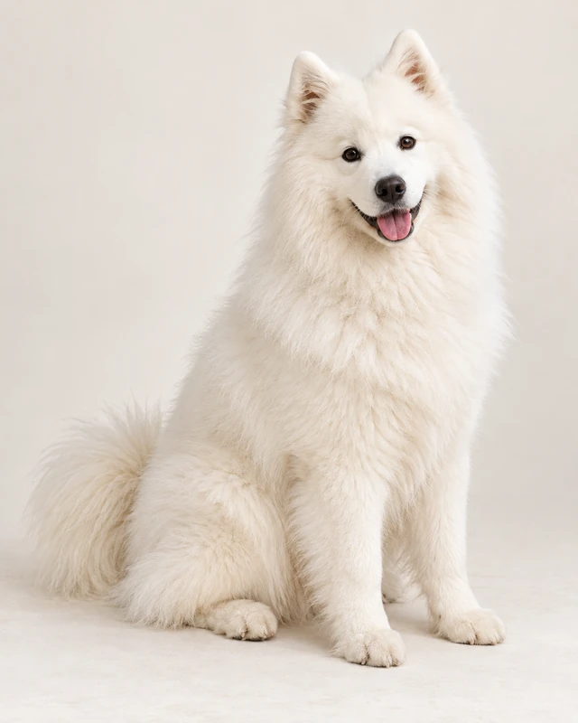 AI-generated original reference of a fluffy white Samoyed on a light background.