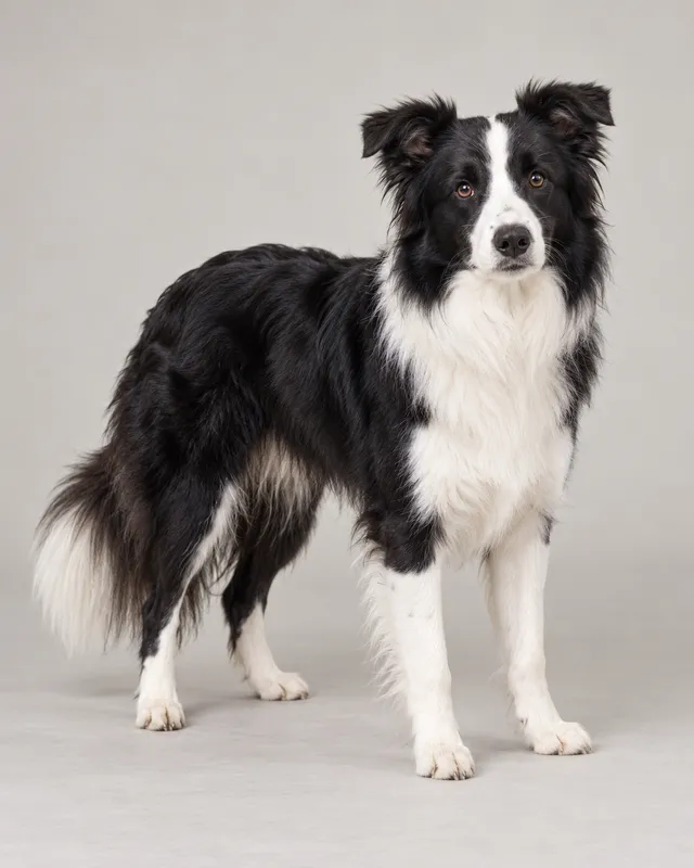 AI-generated original reference of a black and white border collie on a light gray background.