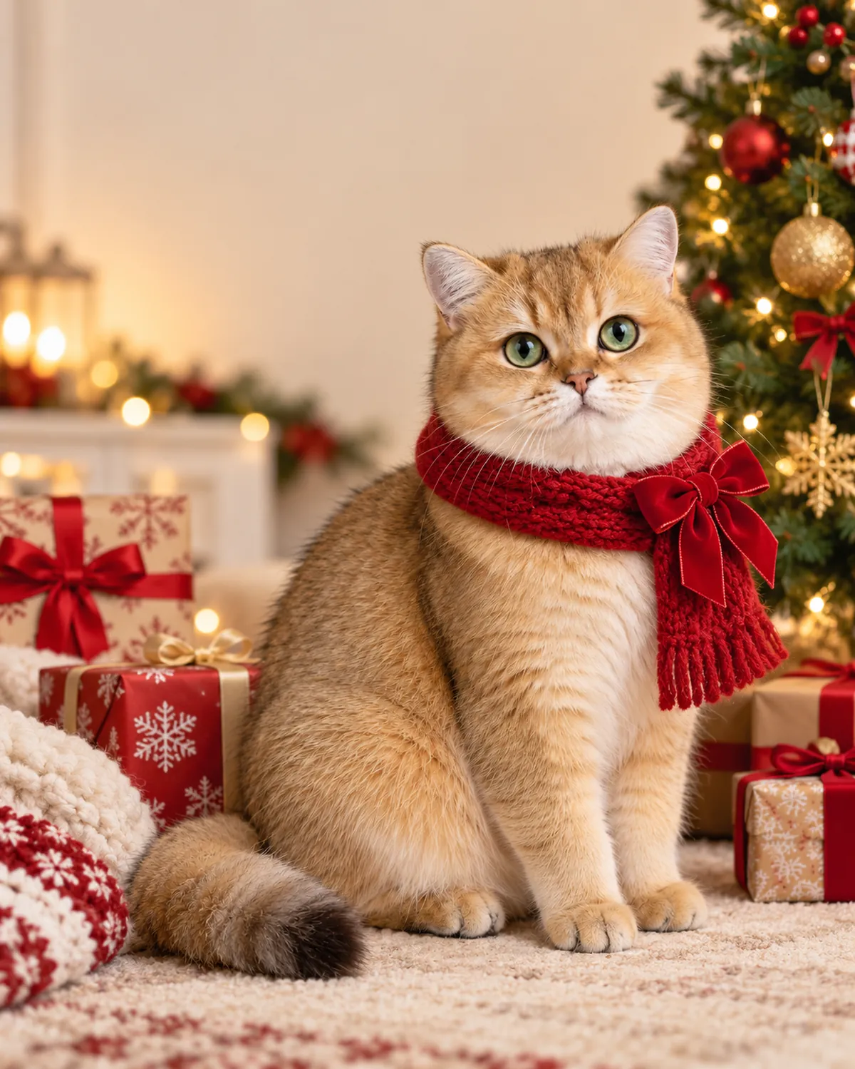 Golden-shaded cat in a red knitted scarf beside wrapped gifts and a decorated Christmas tree.