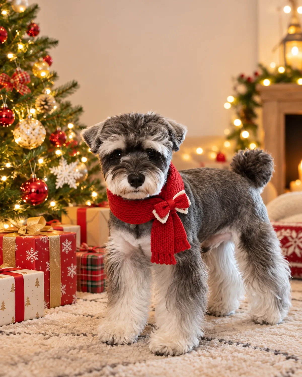 A gray and white dog wearing a red knitted scarf beside Christmas gifts and a decorated tree, with open space above.