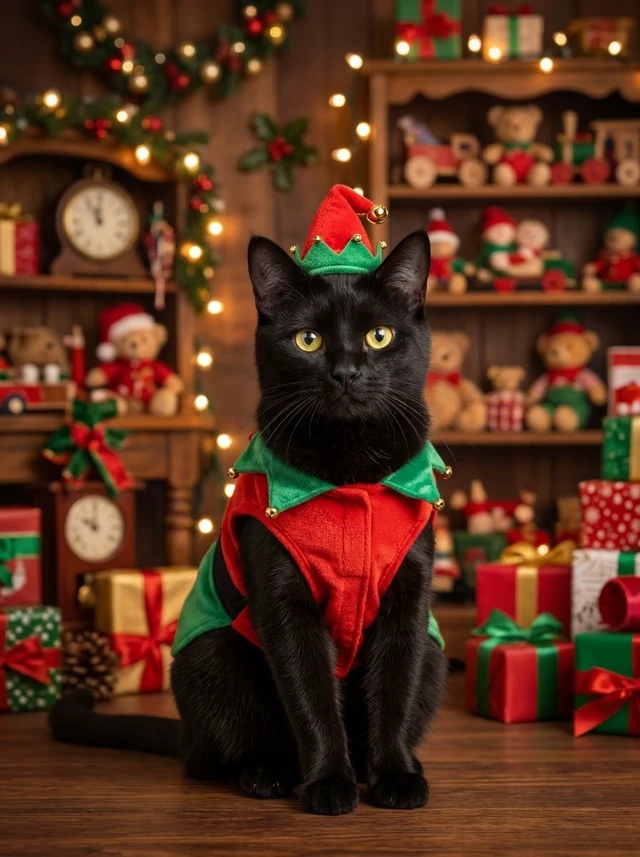 A solid black cat with yellow-green eyes wearing a red and green Christmas elf outfit beside festive decorations.