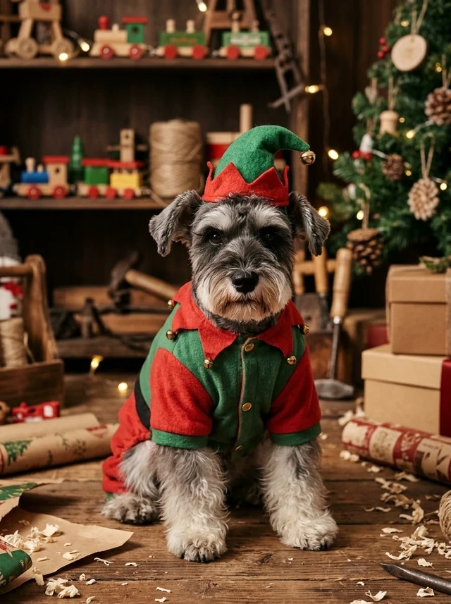 Zhima, a salt-and-pepper miniature schnauzer wearing a red and green Christmas elf outfit beside festive decorations.