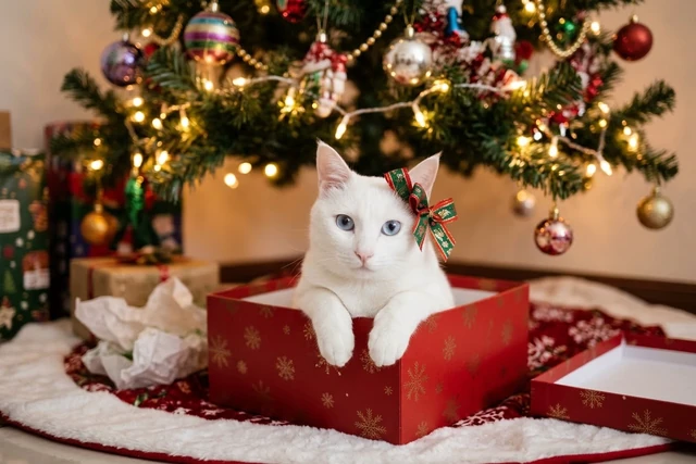 Mao, a white cat with blue eyes peeking out of a red Christmas gift box beneath a decorated tree.