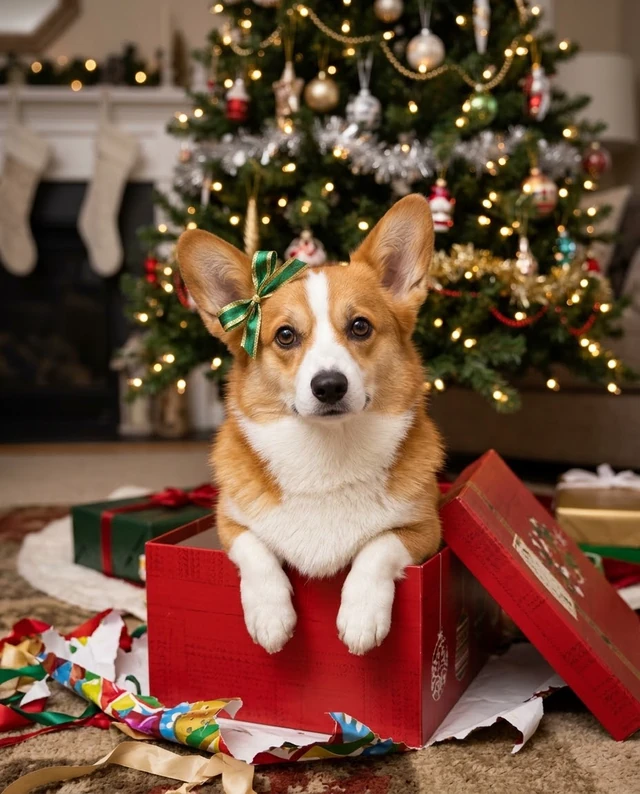 A red-and-white corgi peeking out of a red Christmas gift box beneath a decorated tree.