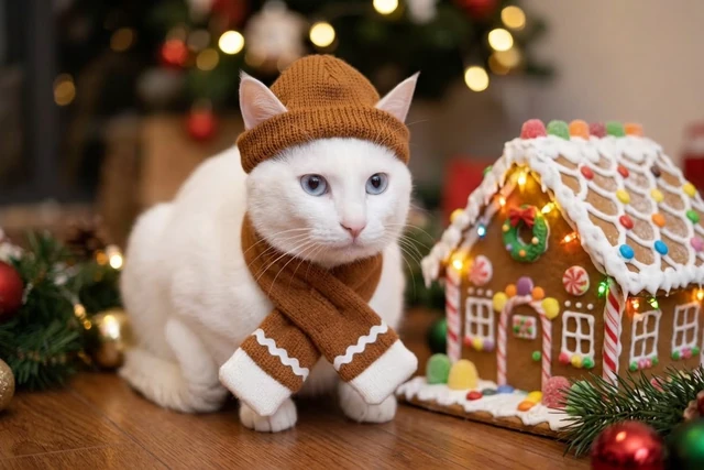 Mao, a white cat with blue eyes wearing a gingerbread-inspired knit hat and scarf beside a decorated gingerbread house.