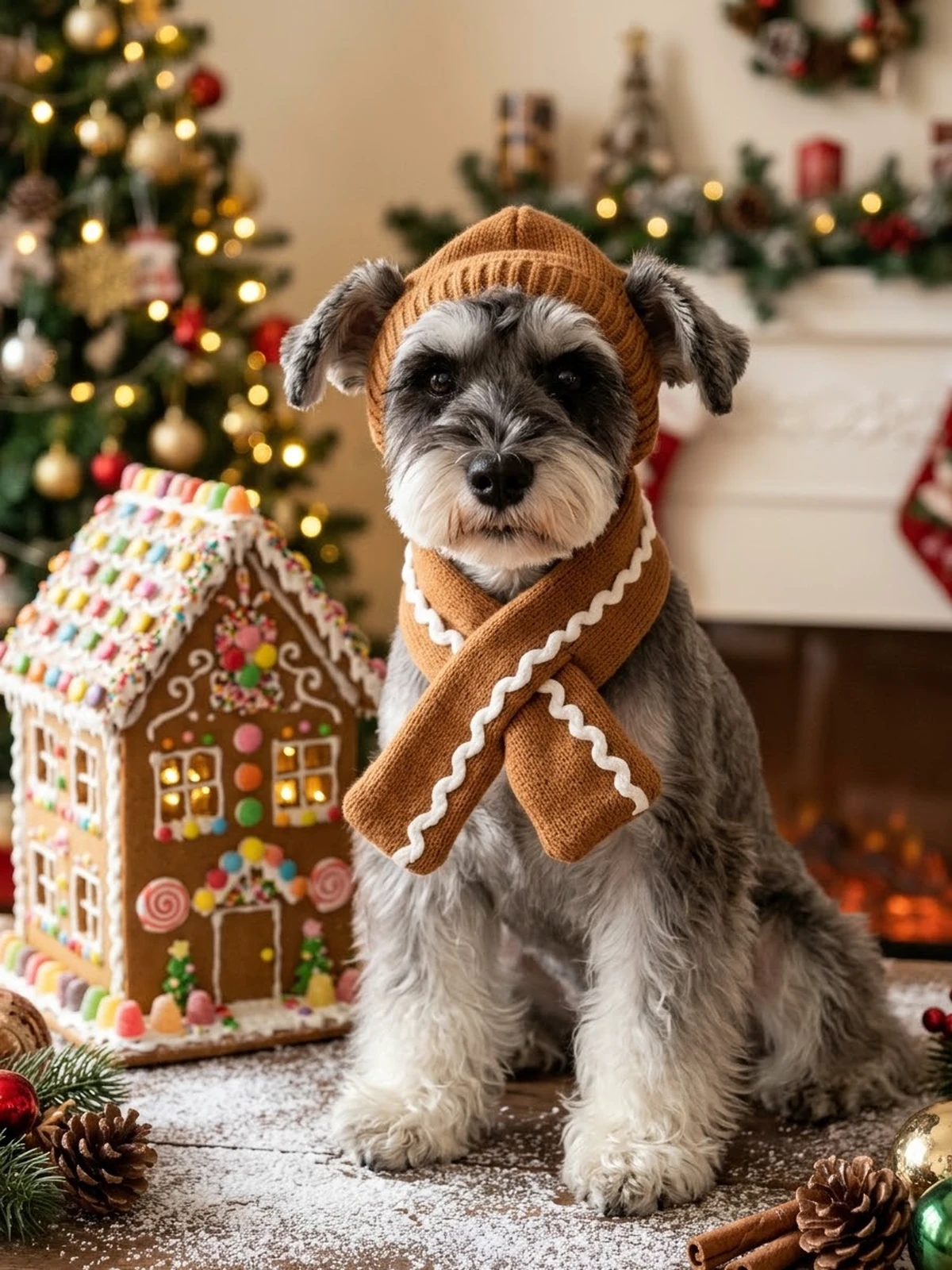 Zhima, a salt-and-pepper miniature schnauzer wearing a gingerbread-inspired knit hat and scarf beside a decorated gingerbread house.