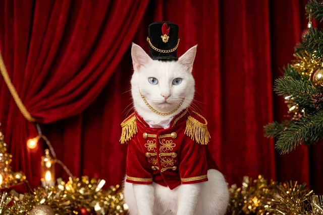 Mao, a white cat with blue eyes wearing a red and gold nutcracker uniform and hat in a festive setting.