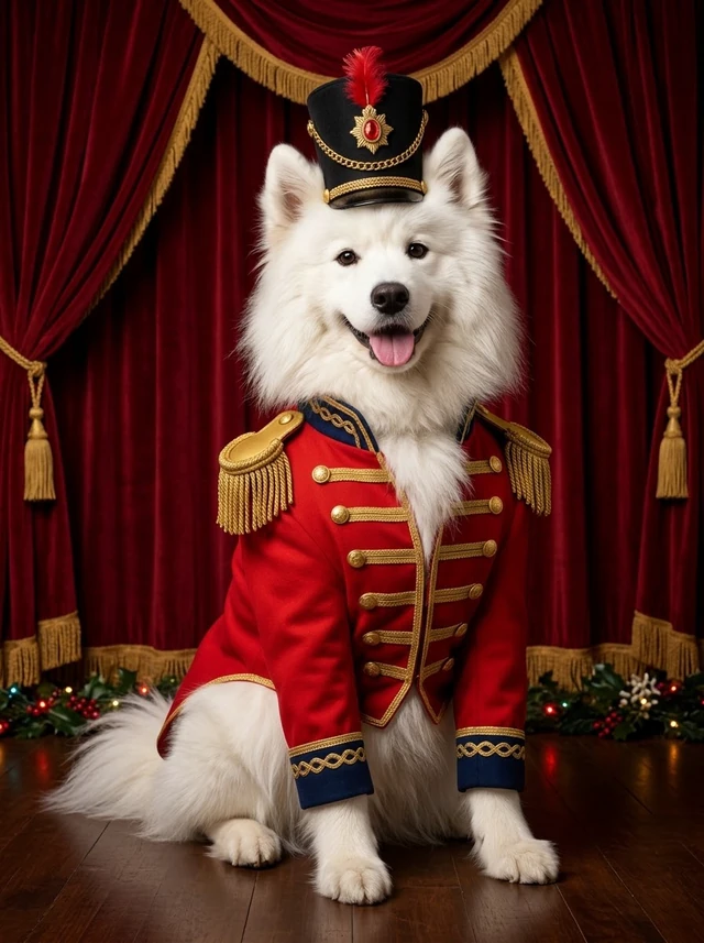 A fluffy white Samoyed wearing a red and gold nutcracker uniform and hat in a festive setting.