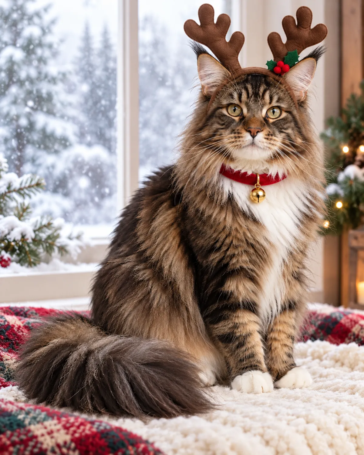 Brown tabby Maine Coon with a white chest wearing felt reindeer antlers and a red bell collar beside a snowy window.