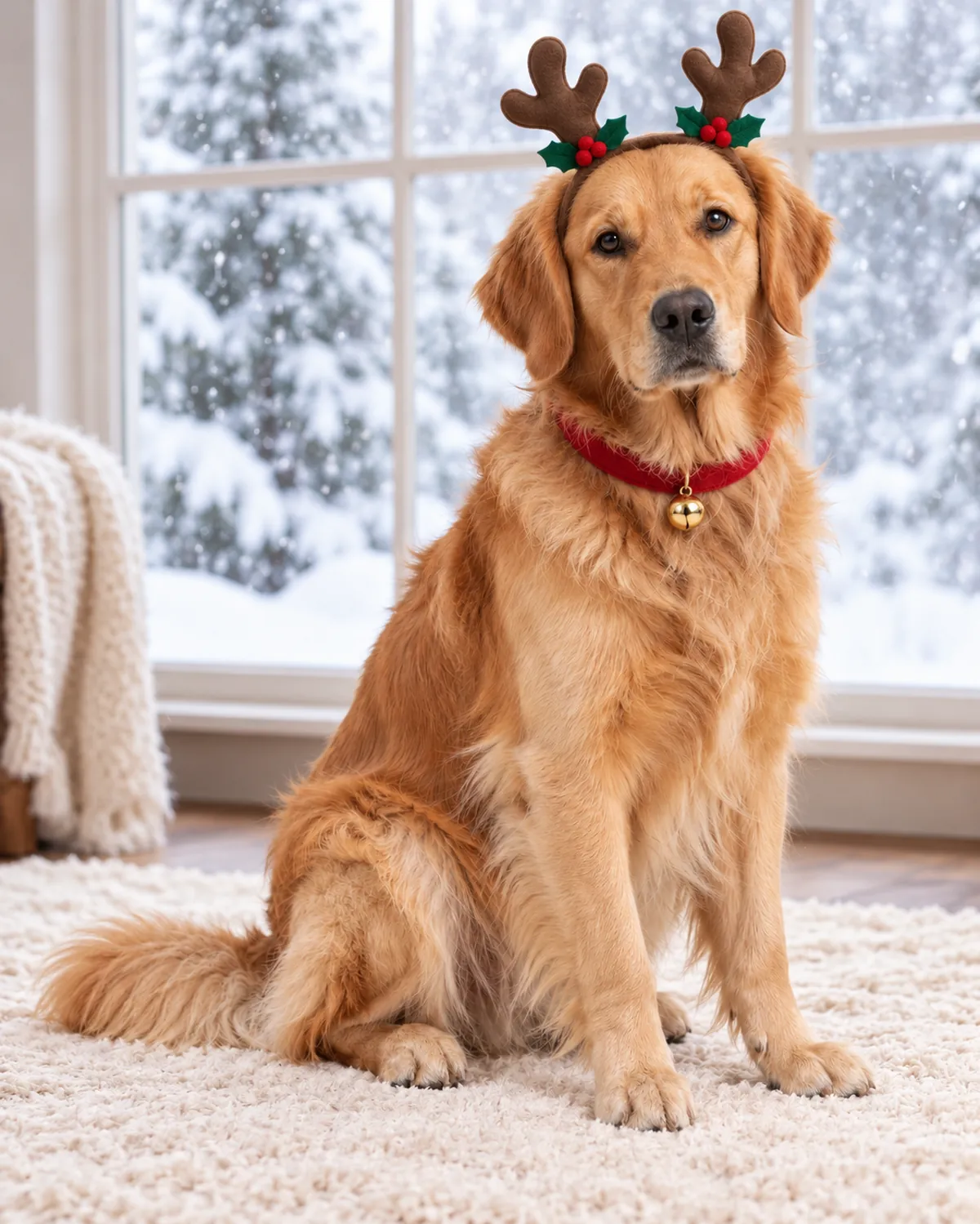 A golden retriever wearing brown reindeer antlers with holly and a red collar with a gold bell, seated by a snowy window.