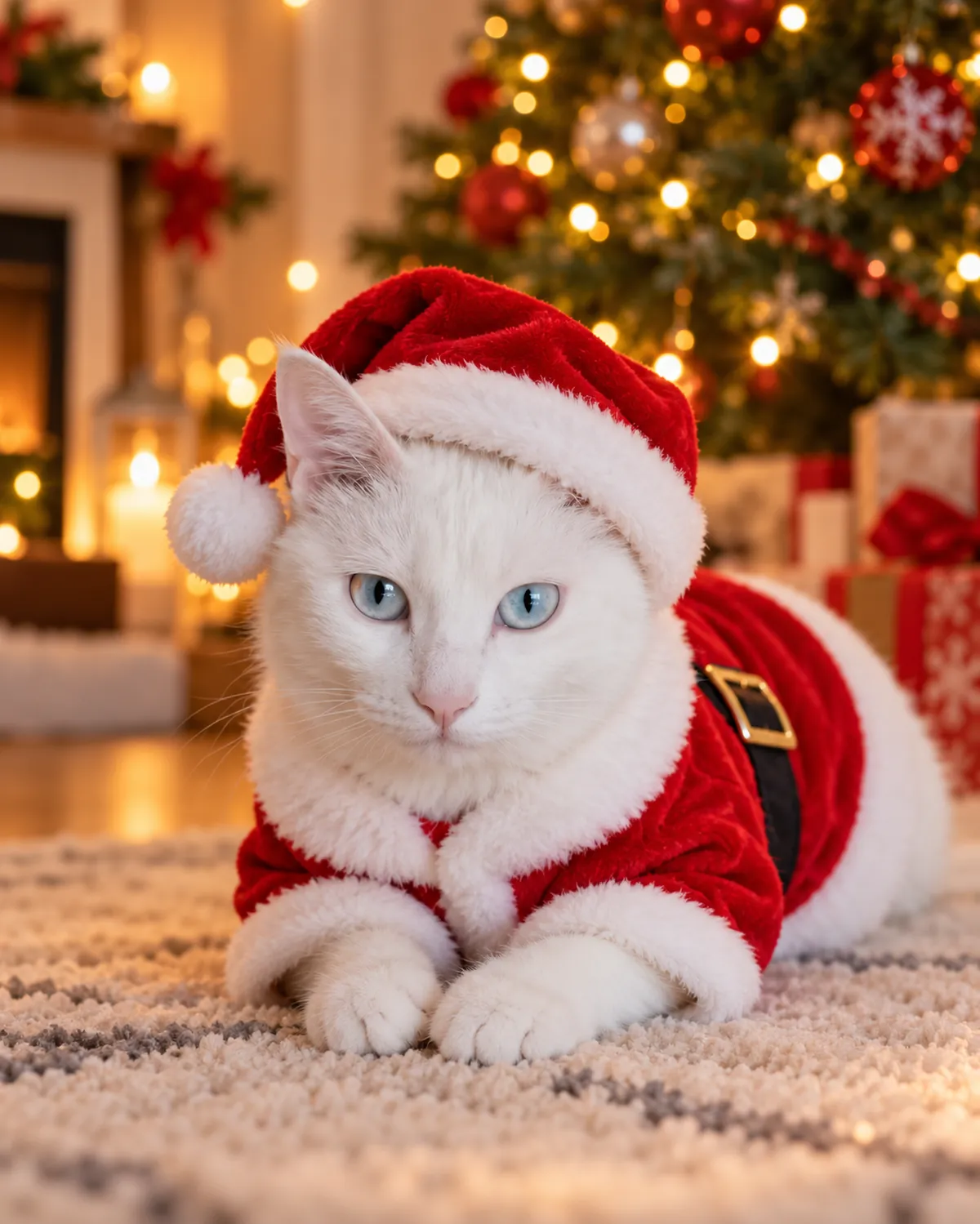 White cat with blue eyes dressed in a red Santa hat and coat in a warmly lit Christmas living room.