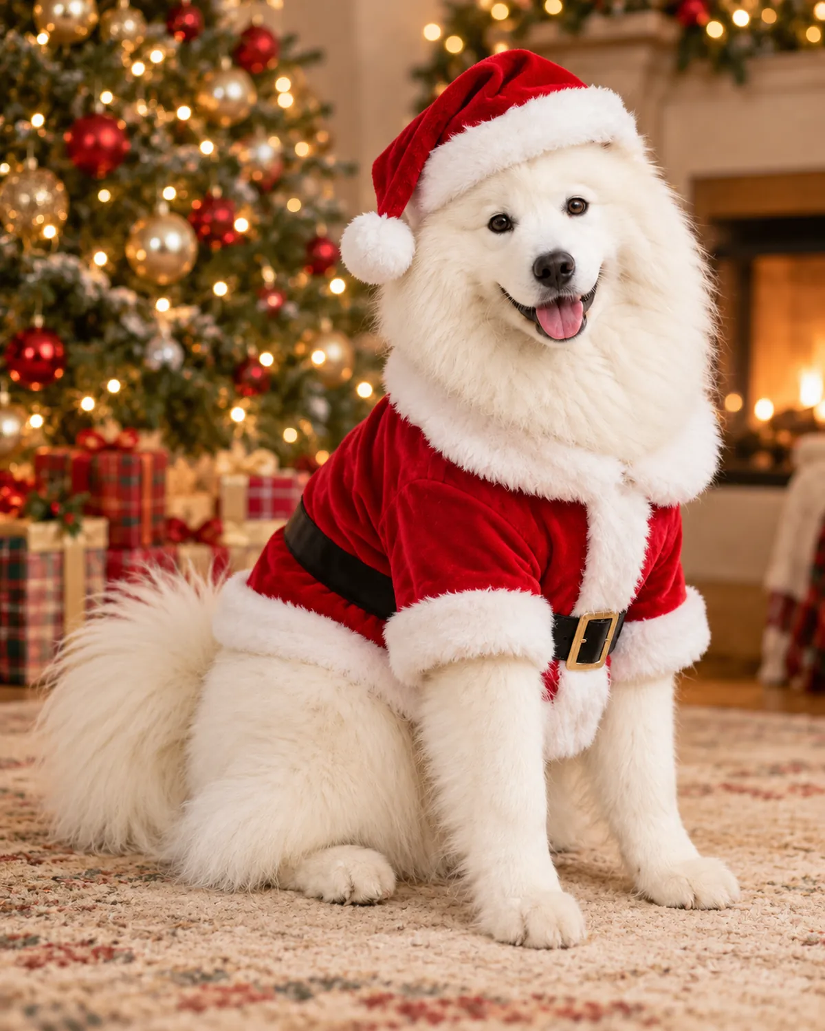 A Samoyed dressed in a red Santa hat and coat beside a decorated Christmas tree.