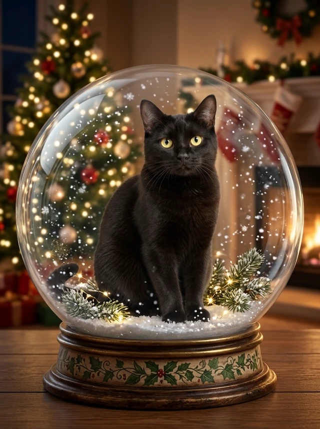 A solid black cat with yellow-green eyes sitting inside a clear Christmas snow globe with miniature trees and falling snow.