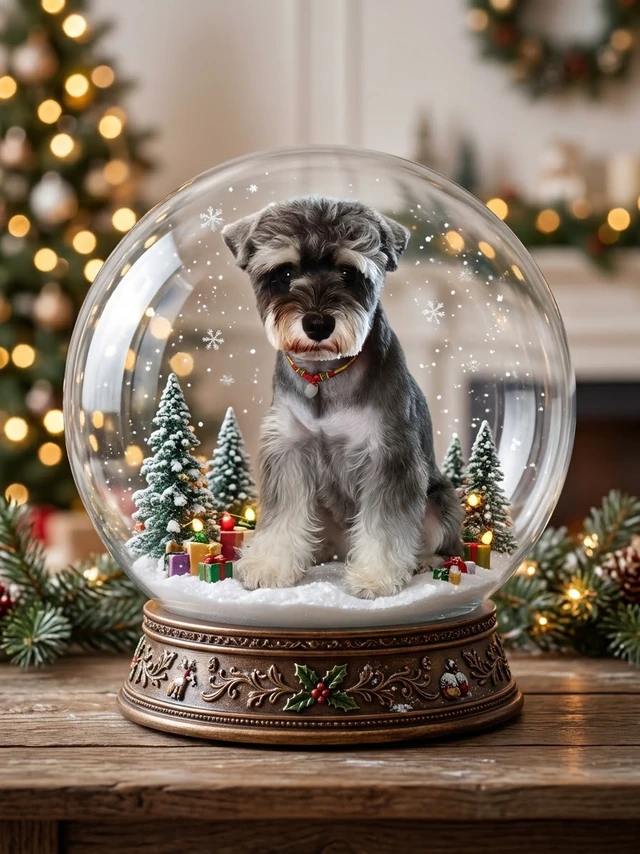 Zhima, a salt-and-pepper miniature schnauzer sitting inside a clear Christmas snow globe with miniature trees and falling snow.