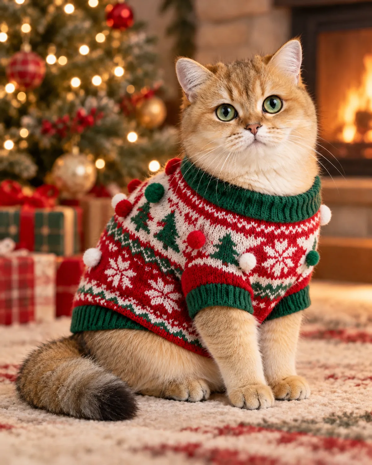 Golden-shaded cat wearing a red, green, and white knitted Christmas sweater beside a decorated tree and fireplace.