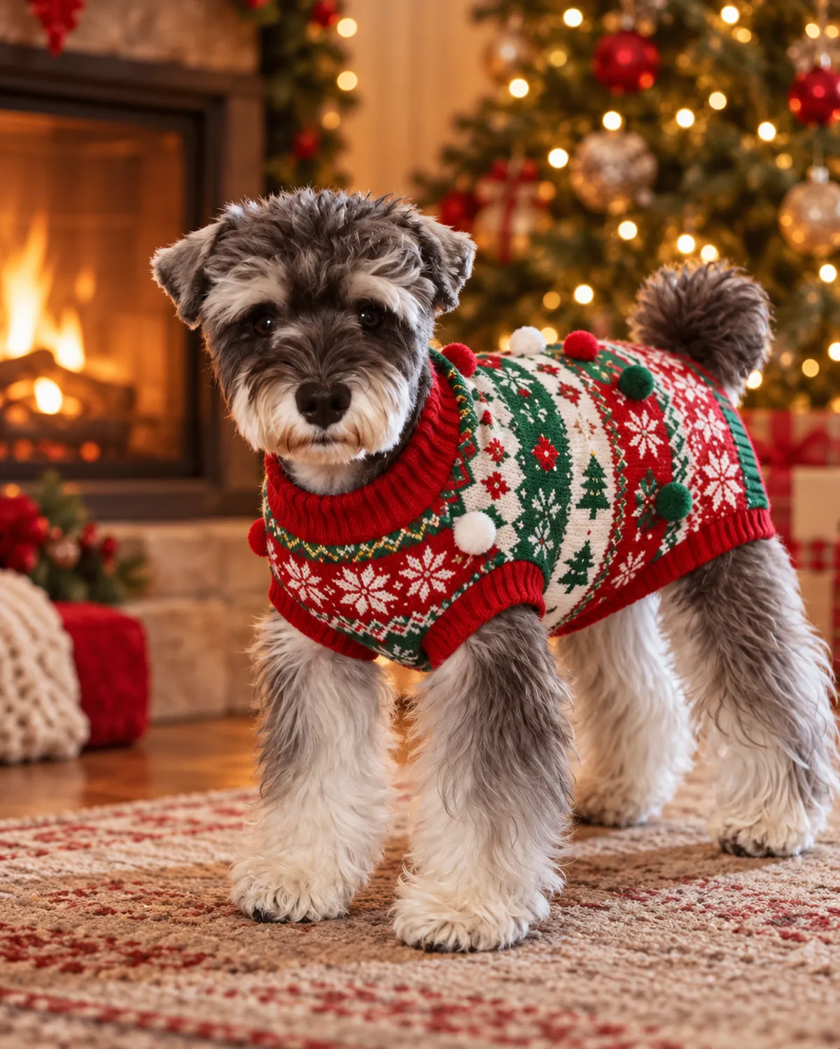 A gray and white dog wearing a red, green, and white knitted Christmas sweater in front of a softly lit tree.