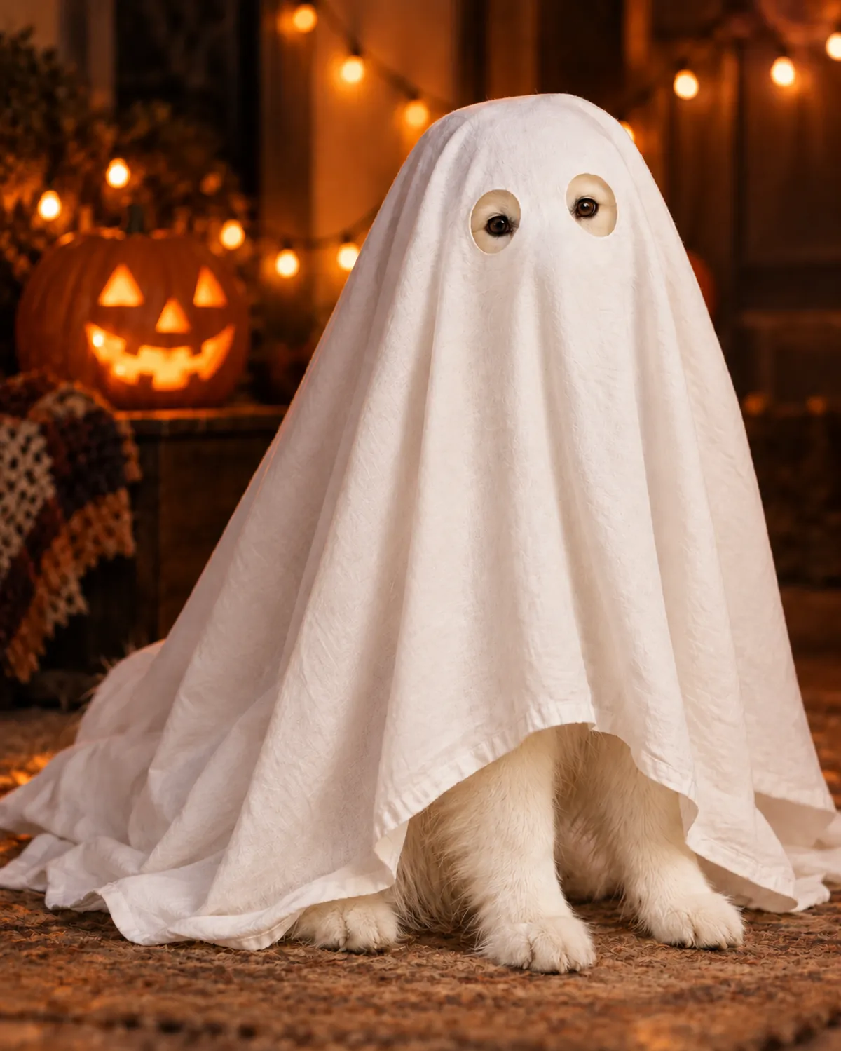A Samoyed in a white ghost sheet with two eye openings, seated beside a glowing pumpkin in a warmly lit Halloween room.