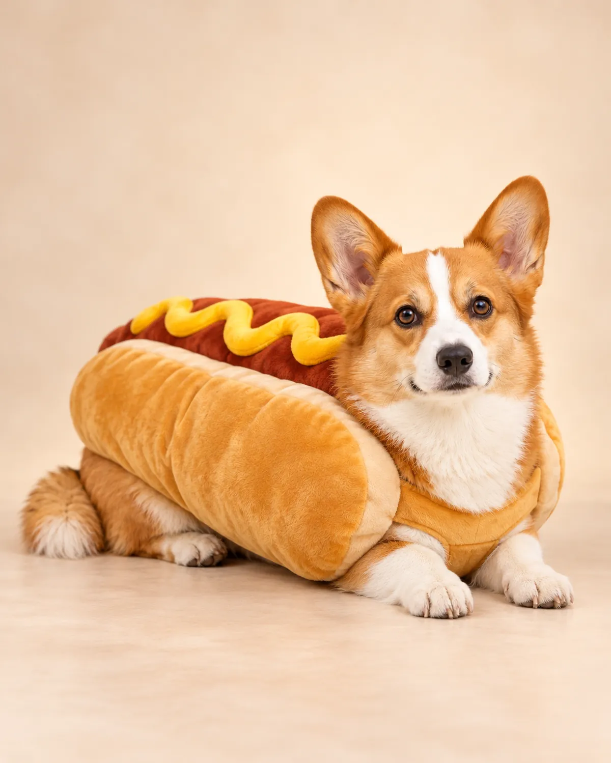 A corgi lying in a plush hot dog costume with a golden bun and yellow mustard stripe.