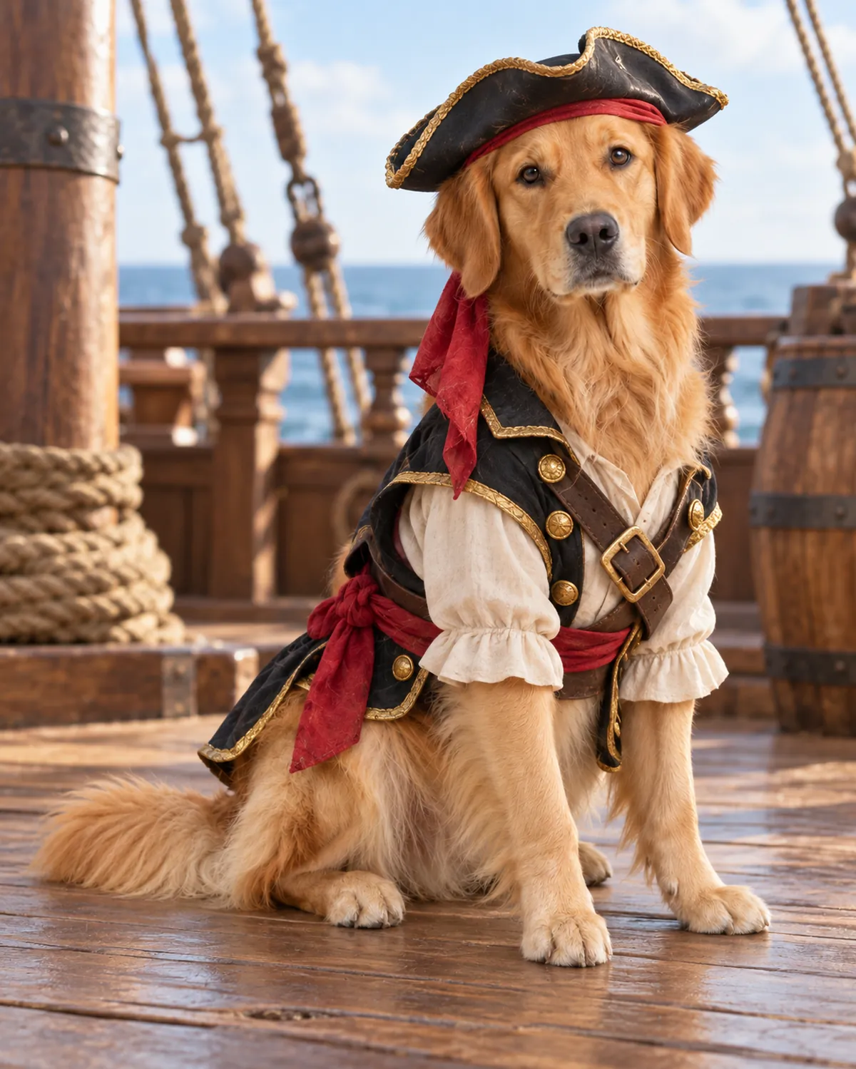 A golden retriever wearing a black tricorn hat and red bandana on a wooden ship deck.