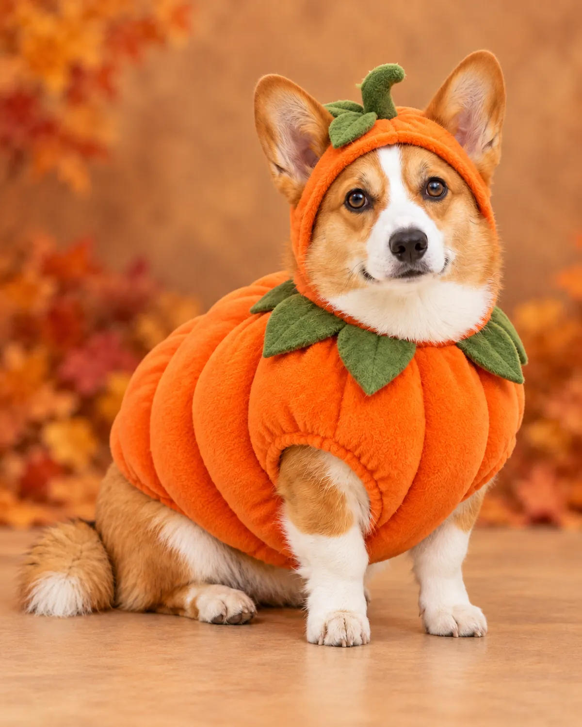 A corgi in a plush orange pumpkin costume with a green stem, seated against a softly lit autumn backdrop.