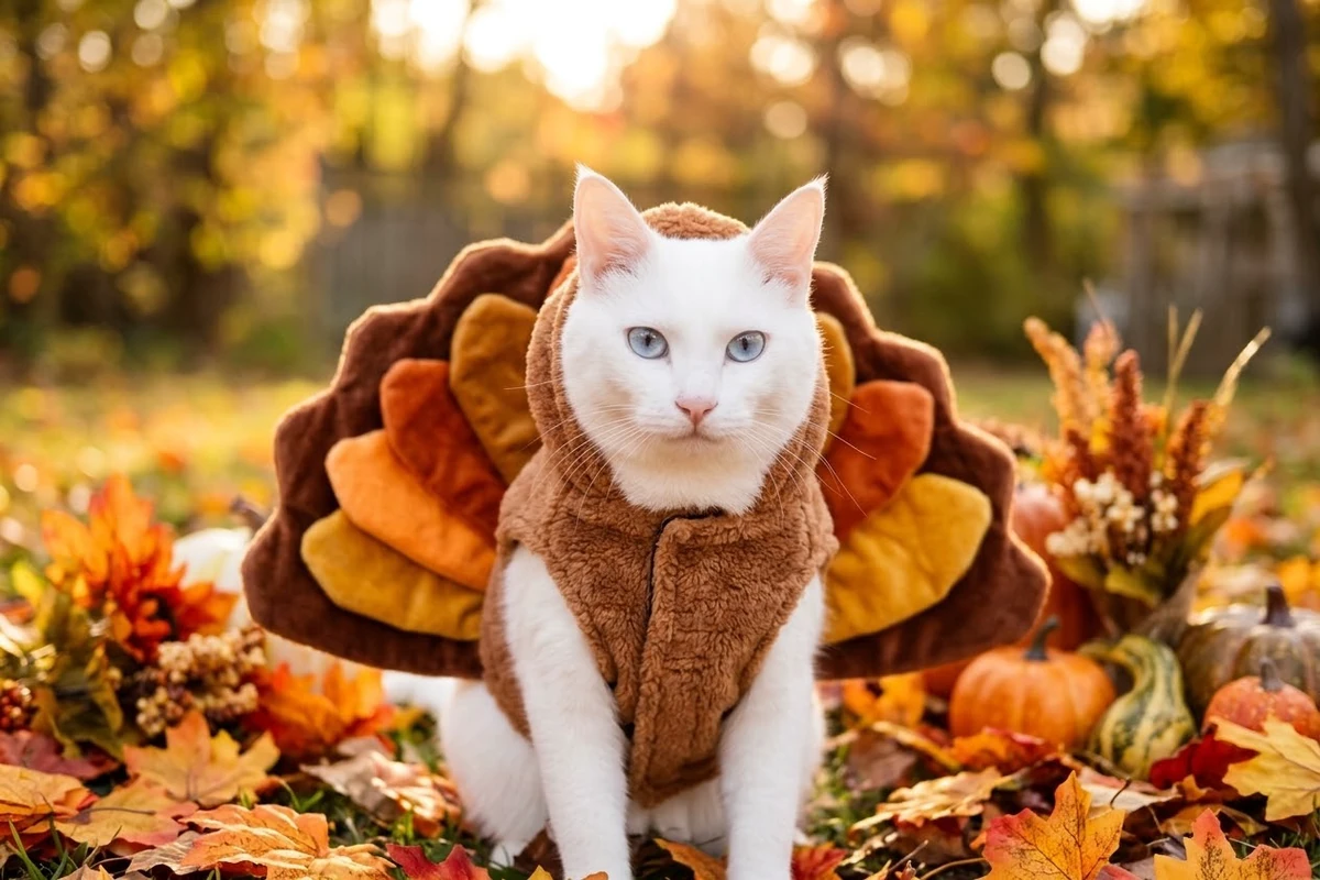Mao, a white cat with blue eyes wearing a plush turkey costume with a brown and orange feather fan in a warm autumn setting.