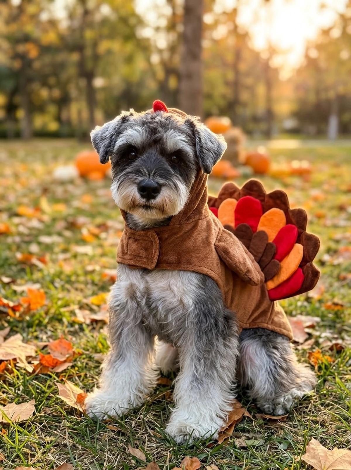 Zhima, a salt-and-pepper miniature schnauzer wearing a plush turkey costume with a brown and orange feather fan in a warm autumn setting.