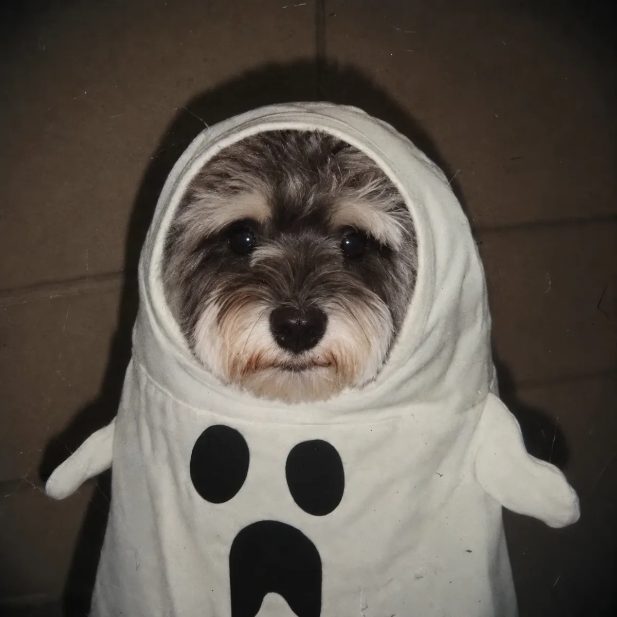 Zhima, a salt-and-pepper miniature schnauzer, in a white ghost suit with little ghost arms and a black ghost face on the chest, lit by direct flash in a faded vintage photo.