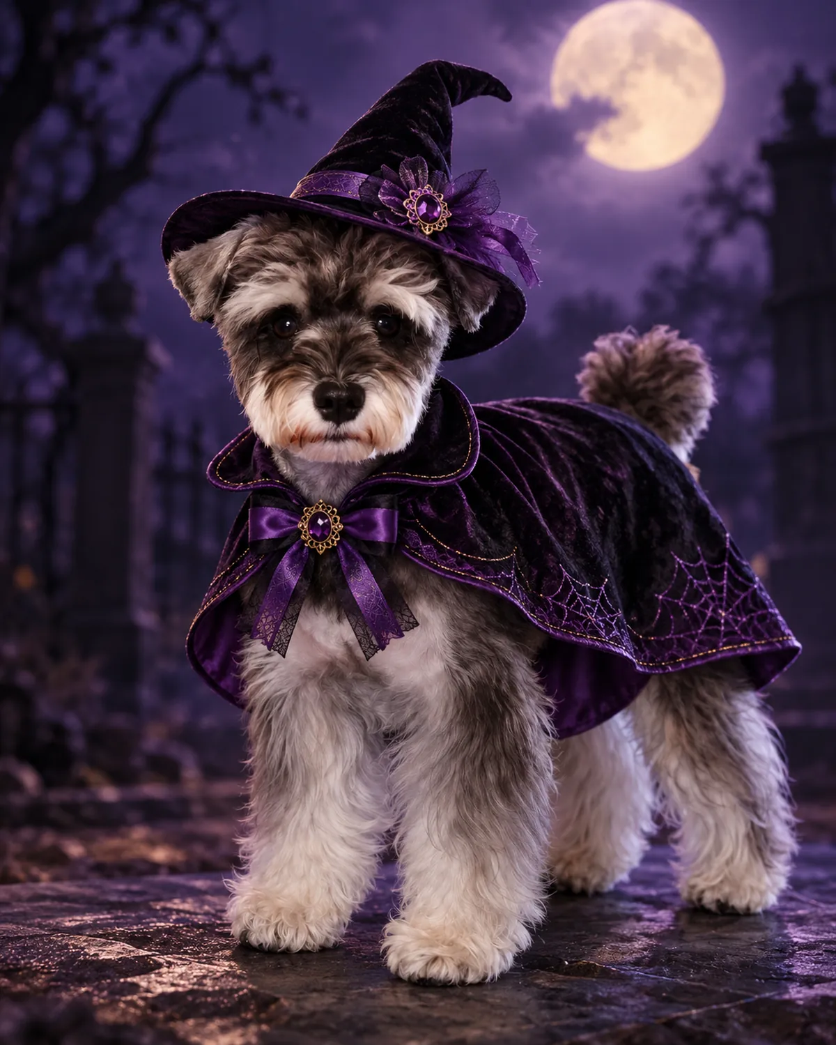 A gray and white dog wearing a pointed purple witch hat and dark cape in a softly lit moonlit Halloween scene.