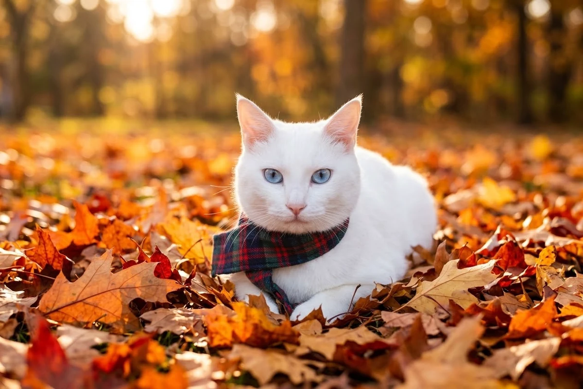 Mao, a white cat with blue eyes wearing a plaid scarf among autumn leaves in golden light.
