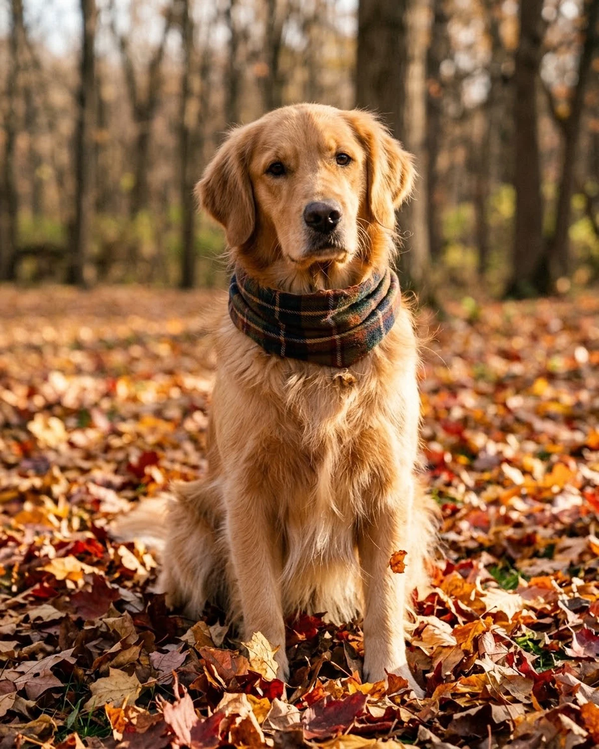 A golden retriever wearing a plaid scarf among autumn leaves in golden light.