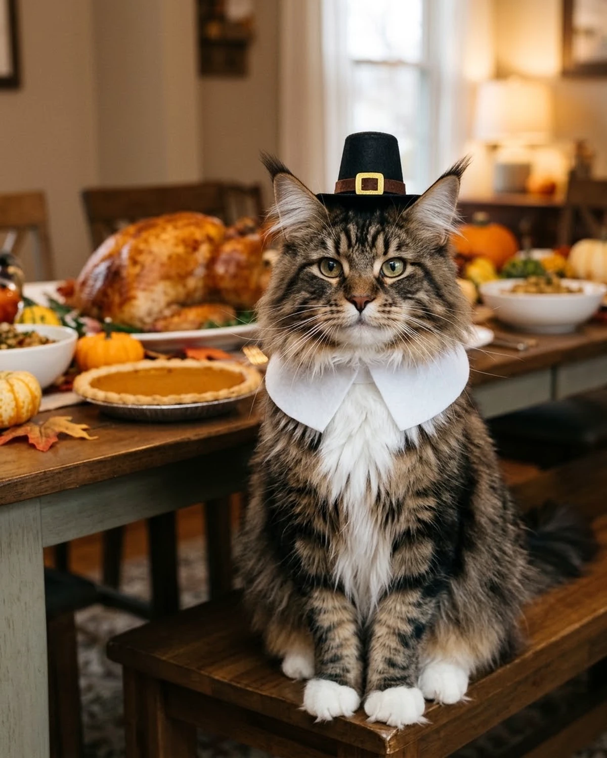 A long-haired brown tabby Maine Coon wearing a black Pilgrim hat and white collar beside a Thanksgiving table.
