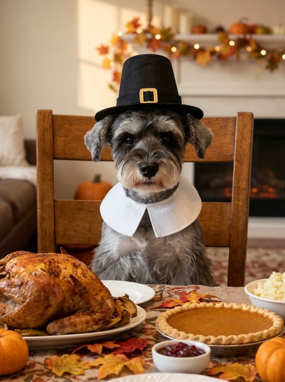 Zhima, a salt-and-pepper miniature schnauzer wearing a black Pilgrim hat and white collar beside a Thanksgiving table.